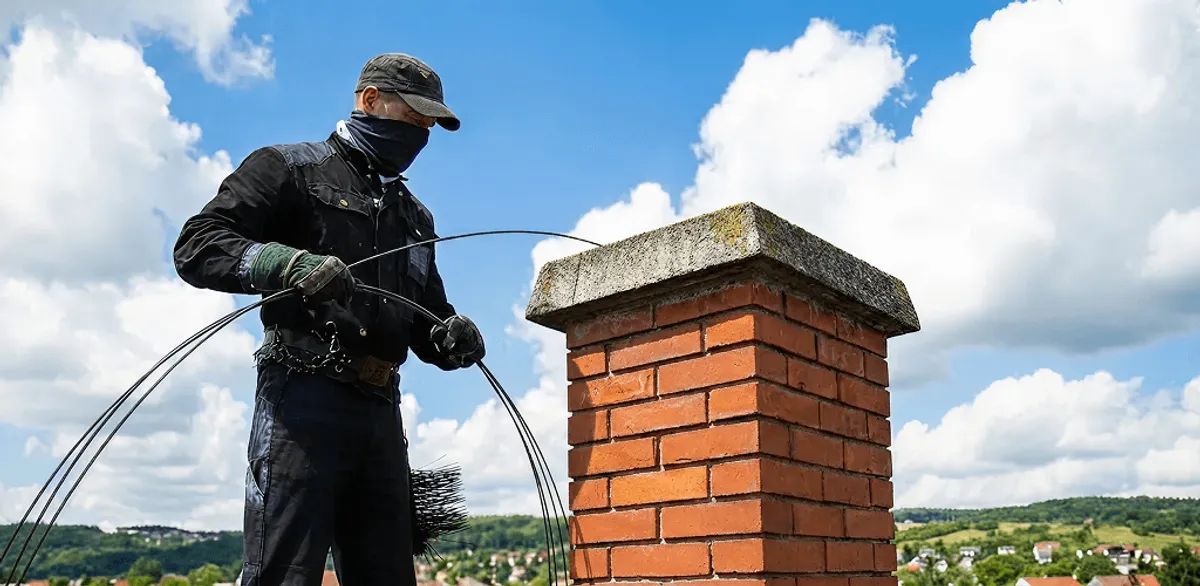 Chimney sweep cleaning a brick chimney with professional tools in Albany, NY