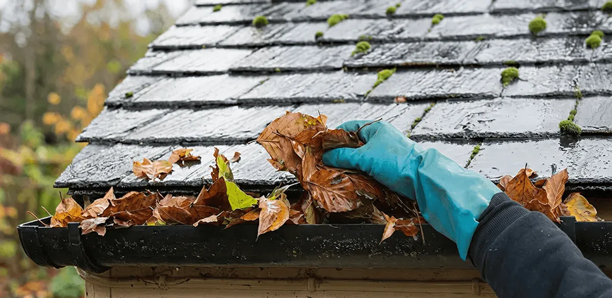 Gutter cleaning technician clearing wet leaves from roof gutters in Albany, NY